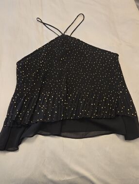 Black Pleated Layered Spaghetti Strap Top with Gold Dot Accent